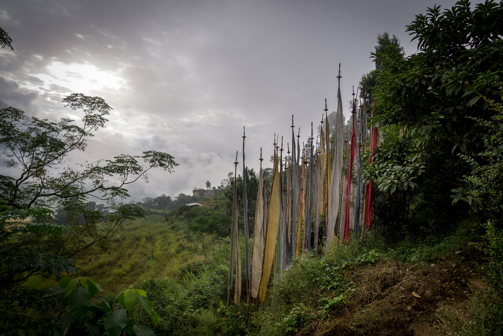 Drapeaux de prière sur la route de Punakha à Trongsa