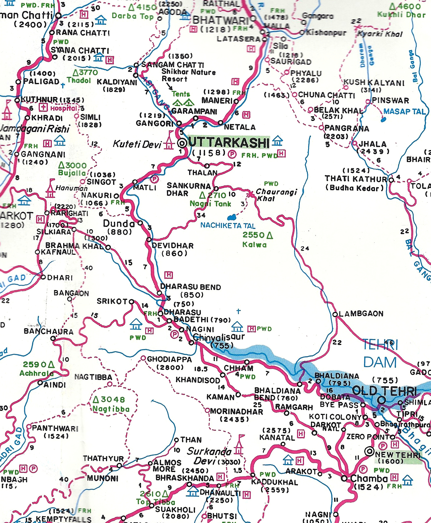 Exemple de carte locale achetée dans le nord de l'Inde. Ici une région montagneuse de l’Himalaya.
