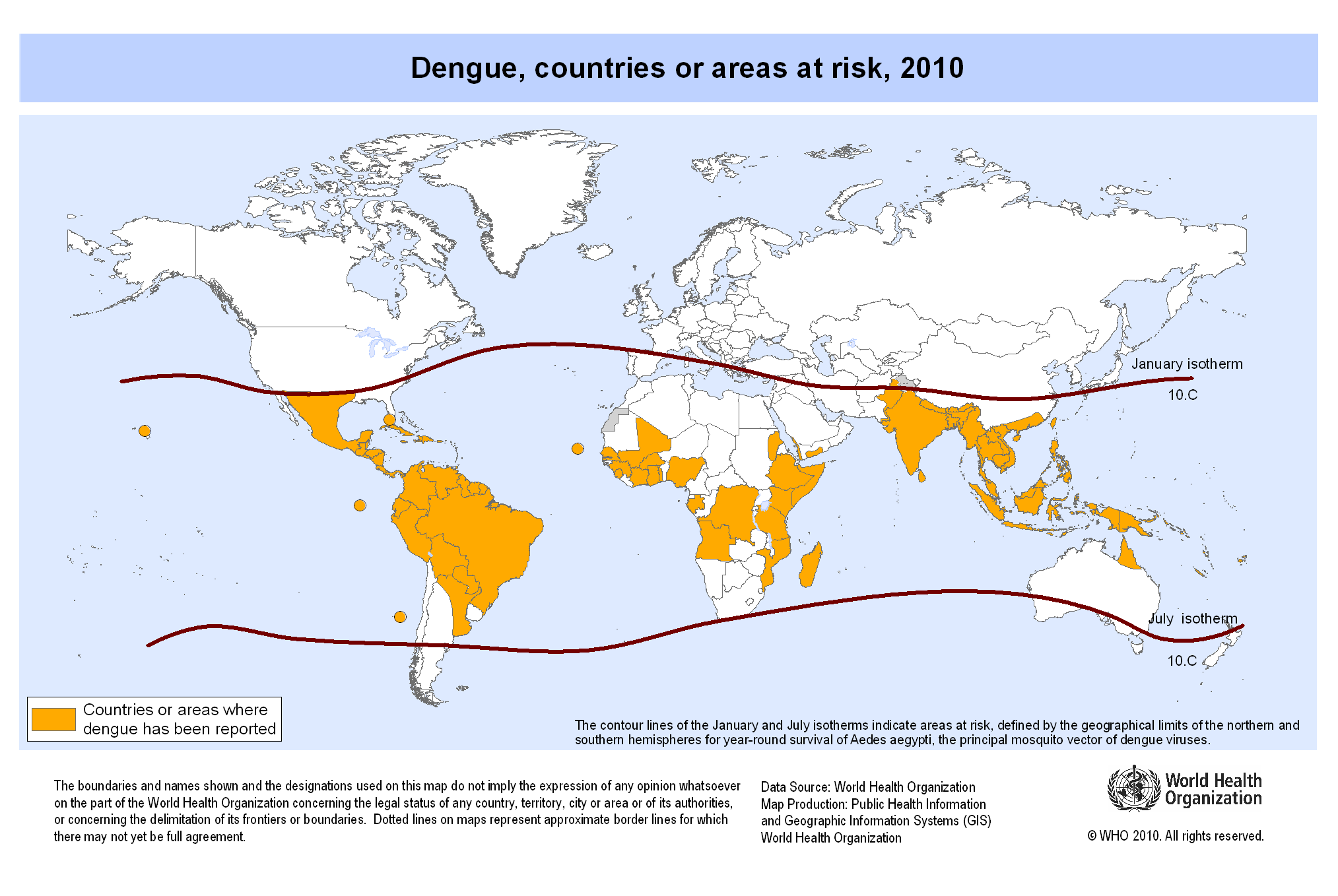 Carte du monde de la présence de la dengue fever